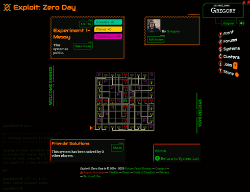 A screenshot of the redesigned Exploit: Zero Day system page